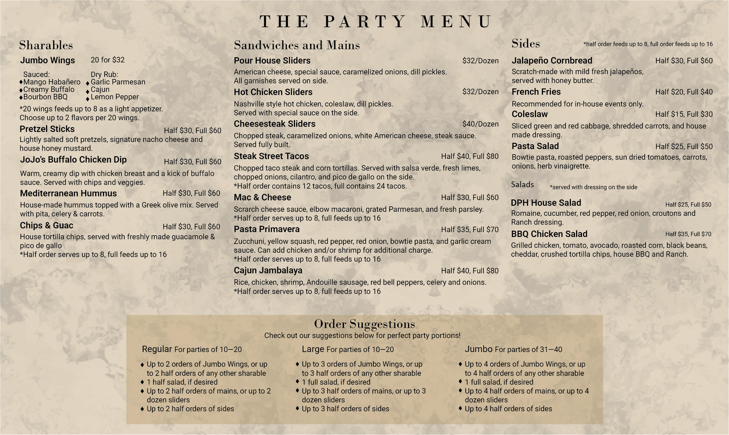 Dunning Pour House Party Menu