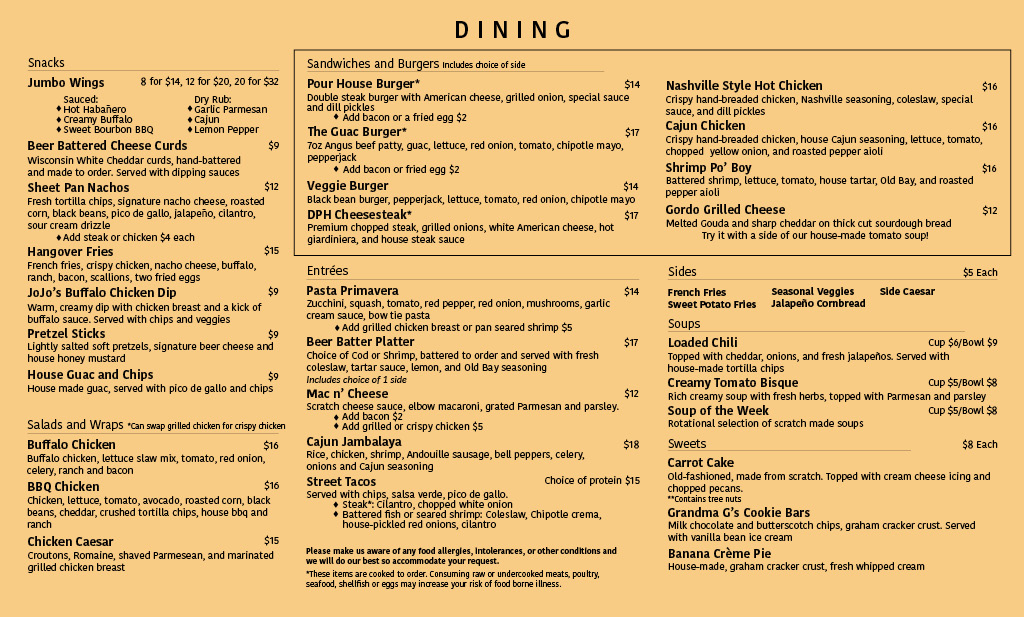 Dunning Pour House Dining Menu 2025