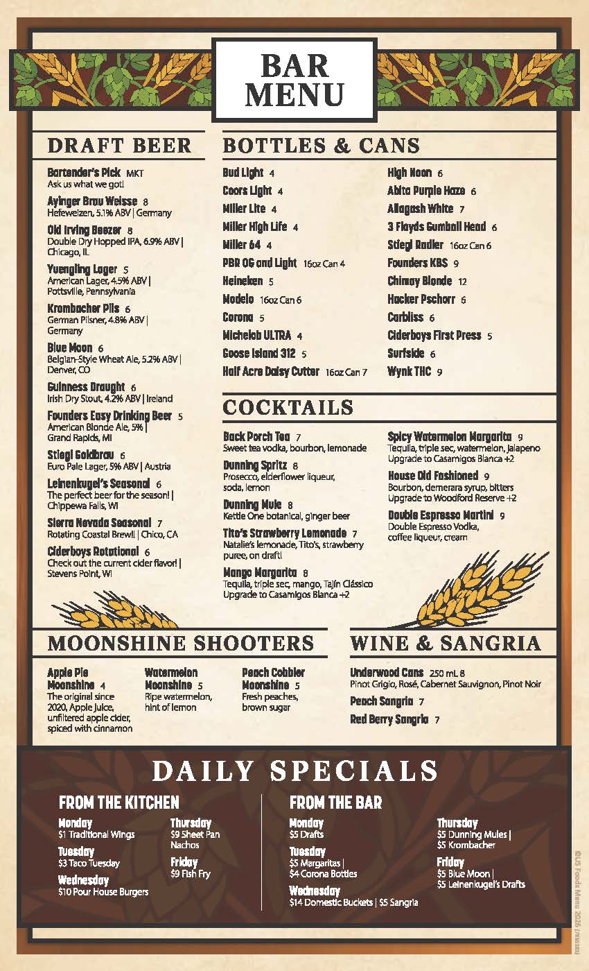 Dunning Pour House Spirits & Wine Menu 202
