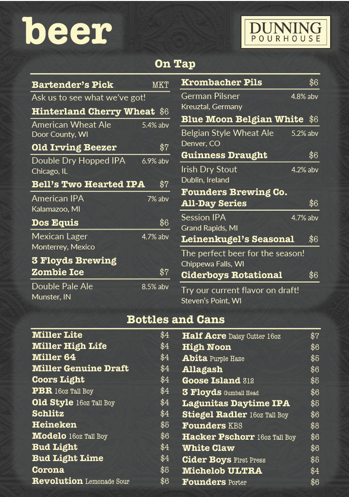 Dunning Pour House Beer Menu