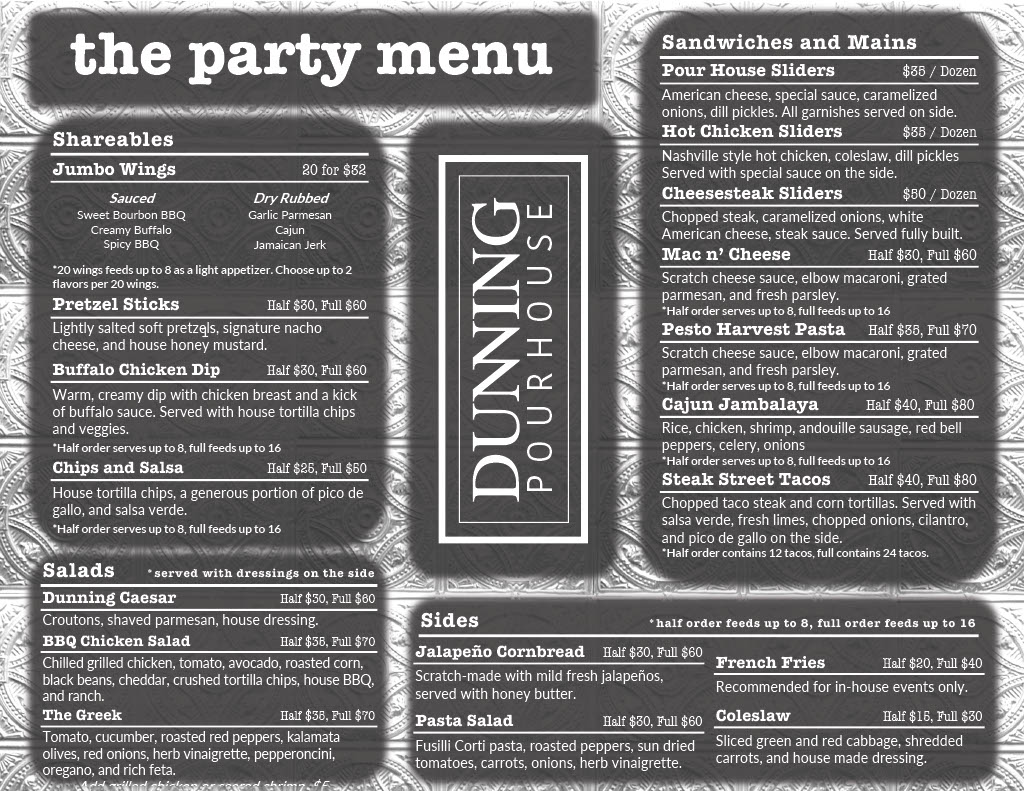 Dunning Pour House Party Menu